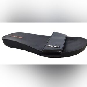 Prada Saffiano Black patent leather flat slide sandal Metal logo US Women's 10